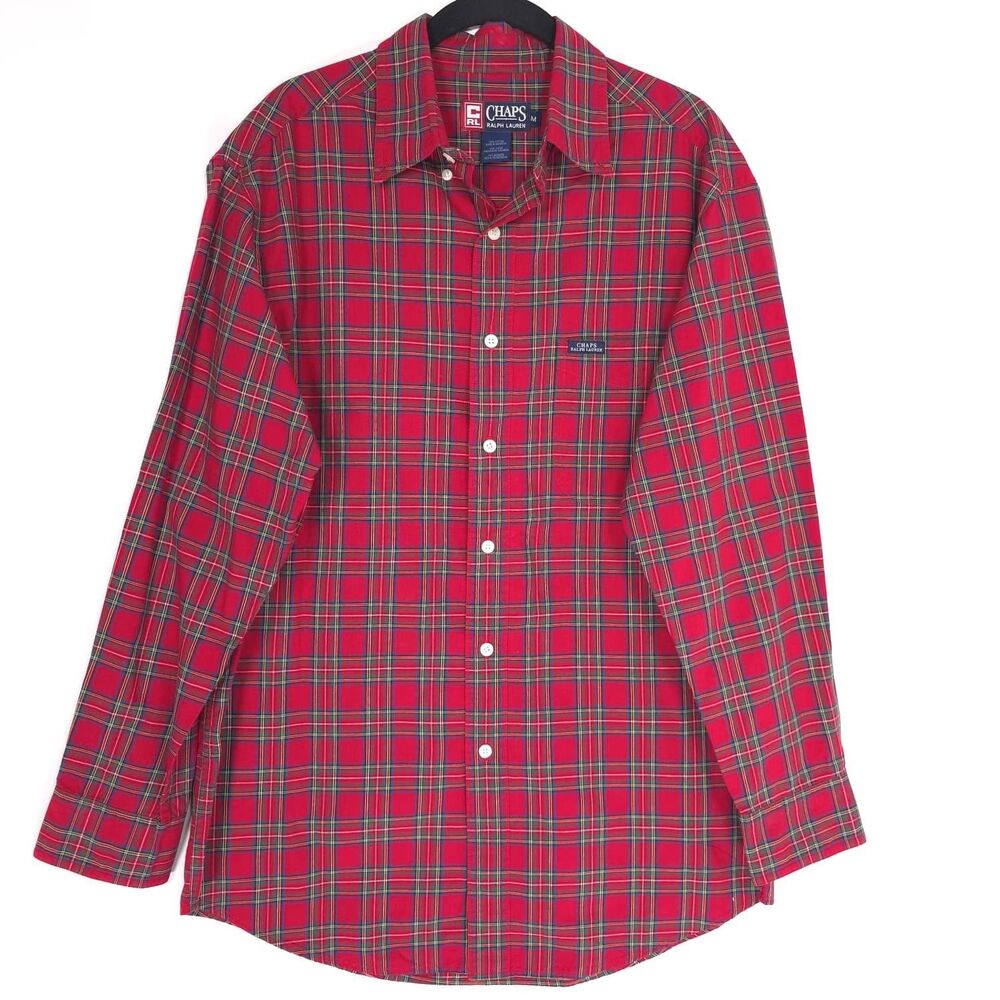 CHAPS RALPH LAUREN Plaid MEDIUM Vintage Shirt Red Green Cotton Button Front 9382